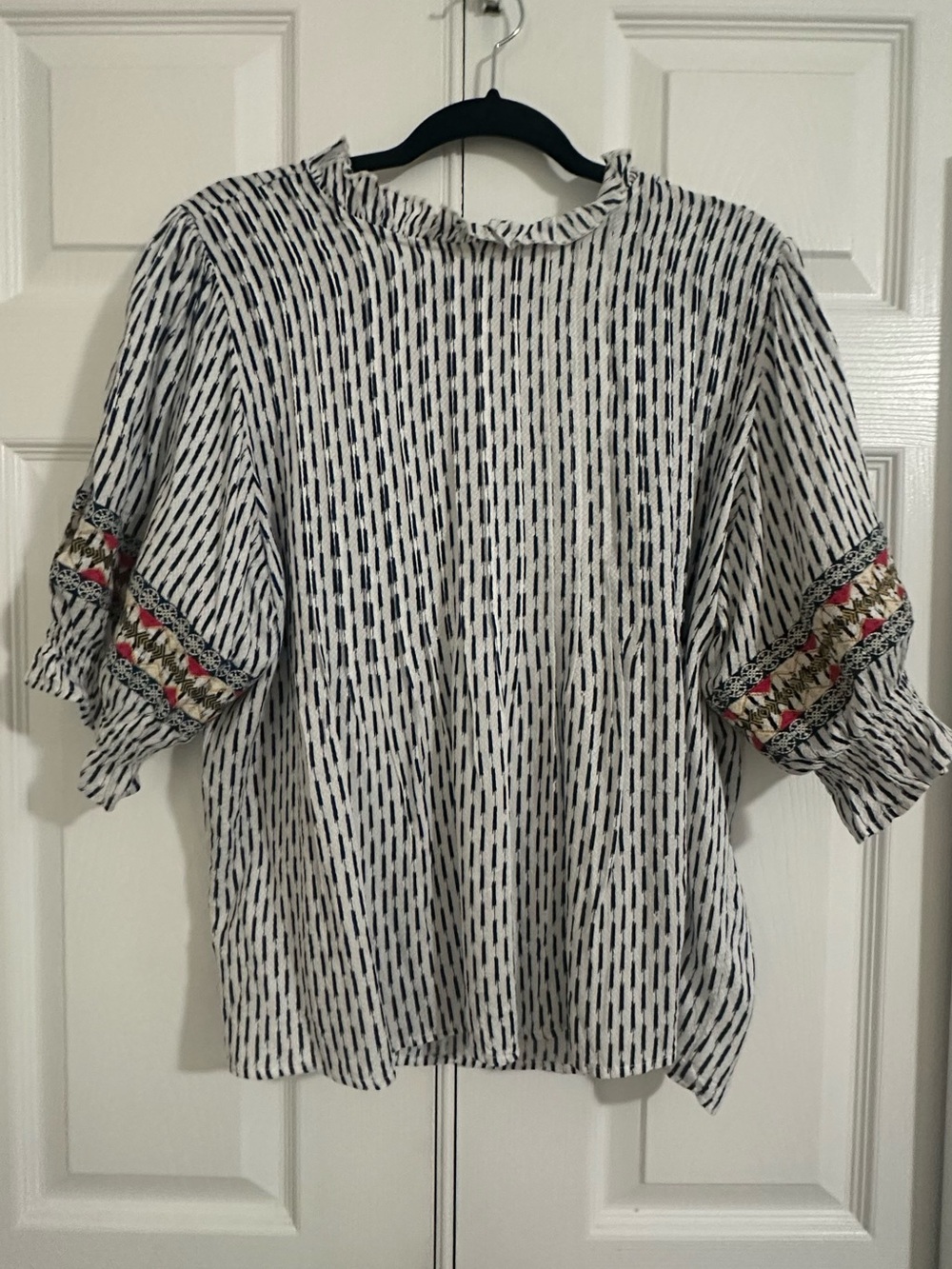 THML Navy & White Blouse with Embroidered Puff Sleeves